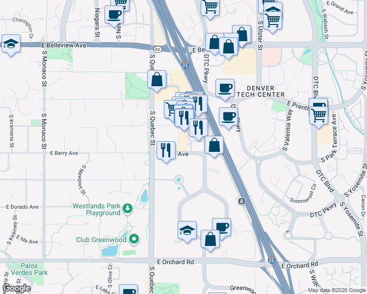 map of restaurants, bars, coffee shops, grocery stores, and more near 7600 Land Mark Place in Greenwood Village