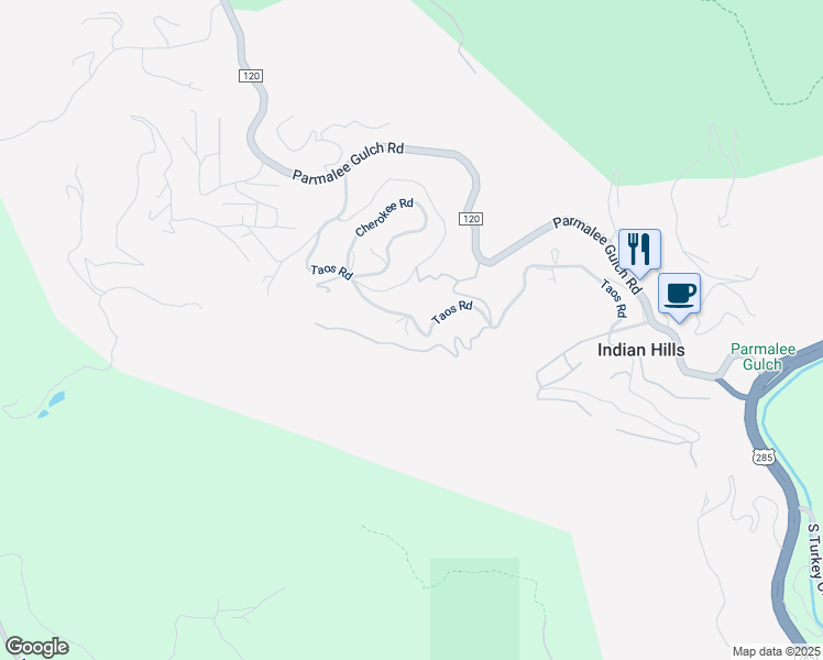 map of restaurants, bars, coffee shops, grocery stores, and more near 21597 Taos Road in Indian Hills
