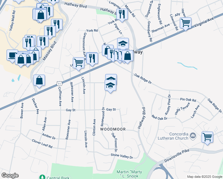 map of restaurants, bars, coffee shops, grocery stores, and more near 17545 Lincolnshire Road in Hagerstown