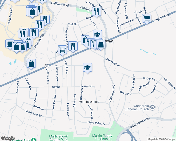 map of restaurants, bars, coffee shops, grocery stores, and more near 17545 Lincolnshire Road in Hagerstown