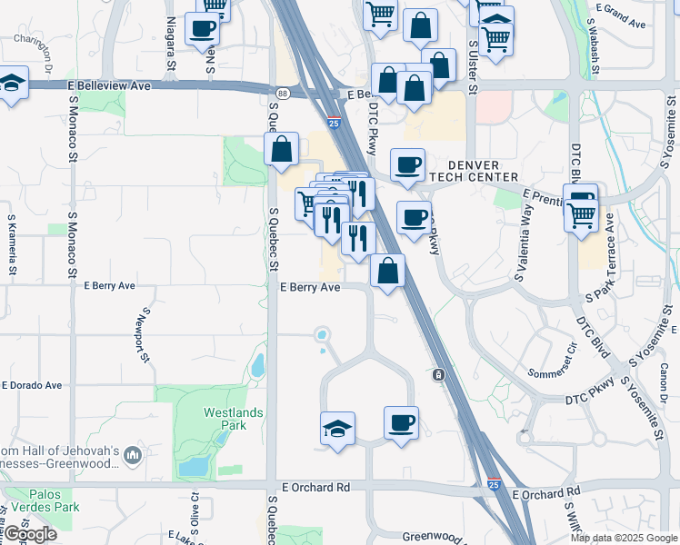 map of restaurants, bars, coffee shops, grocery stores, and more near 5425 Land Mark Place in Greenwood Village