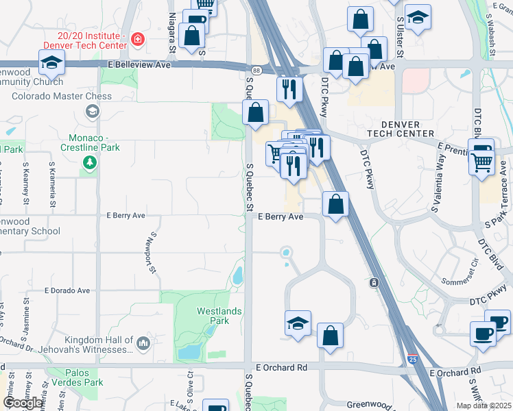 map of restaurants, bars, coffee shops, grocery stores, and more near 5460 South Quebec Street in Greenwood Village