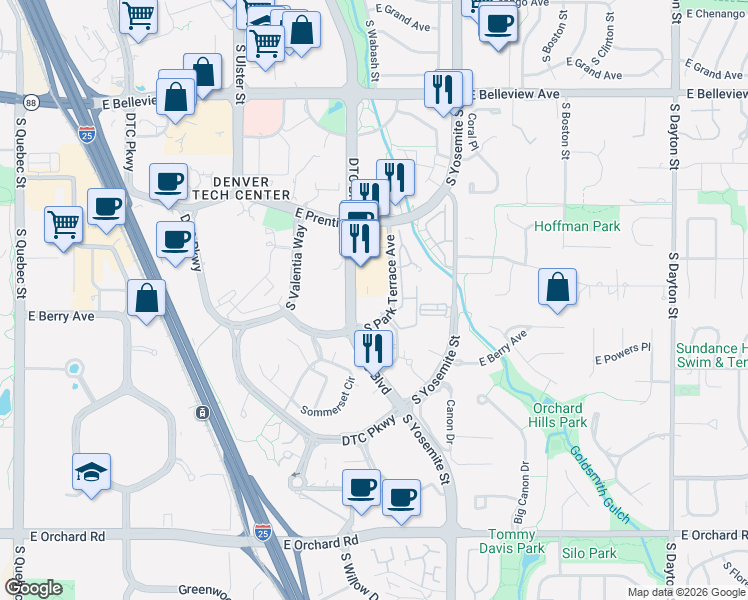 map of restaurants, bars, coffee shops, grocery stores, and more near 5332 Dtc Boulevard in Greenwood Village