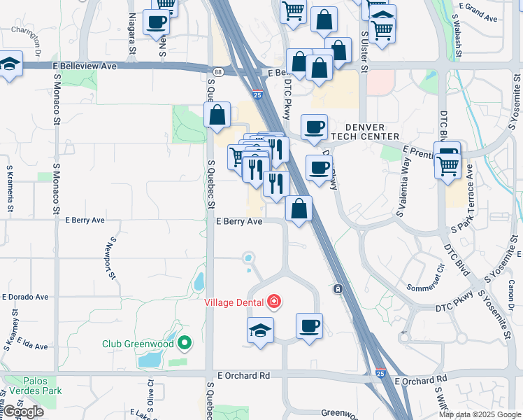 map of restaurants, bars, coffee shops, grocery stores, and more near 5425 Land Mark Place in Greenwood Village