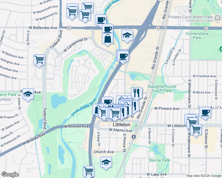 map of restaurants, bars, coffee shops, grocery stores, and more near 2594 West Crestline Avenue in Littleton