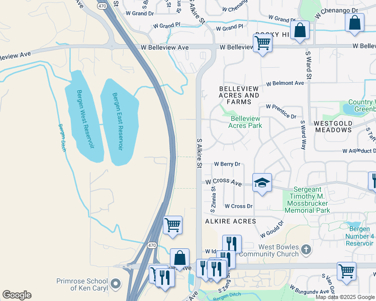 map of restaurants, bars, coffee shops, grocery stores, and more near 5381 South Alkire Street in Littleton