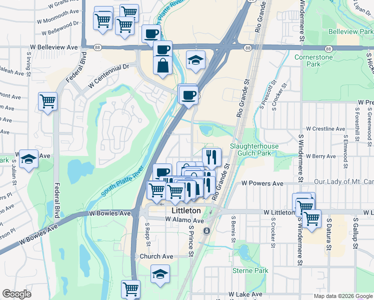 map of restaurants, bars, coffee shops, grocery stores, and more near 5423 South Prince Street in Littleton