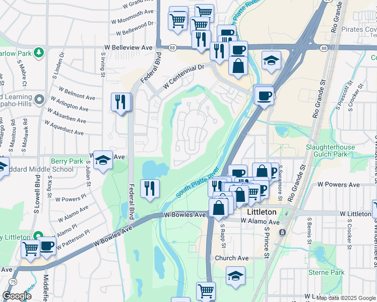 map of restaurants, bars, coffee shops, grocery stores, and more near 2763 West Riverwalk Circle in Littleton