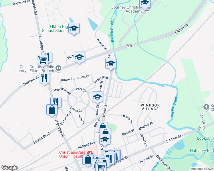 map of restaurants, bars, coffee shops, grocery stores, and more near 101 Elkton Boulevard in Elkton
