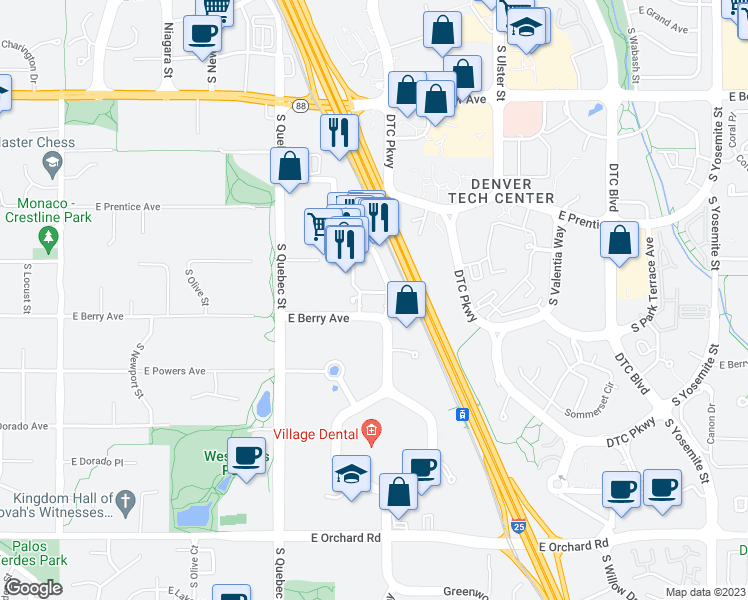 map of restaurants, bars, coffee shops, grocery stores, and more near 5390 Greenwood Plaza Boulevard in Greenwood Village
