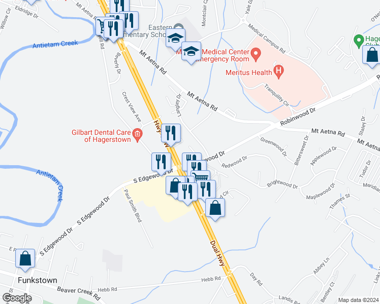 map of restaurants, bars, coffee shops, grocery stores, and more near 1633 Edgewood Place in Hagerstown
