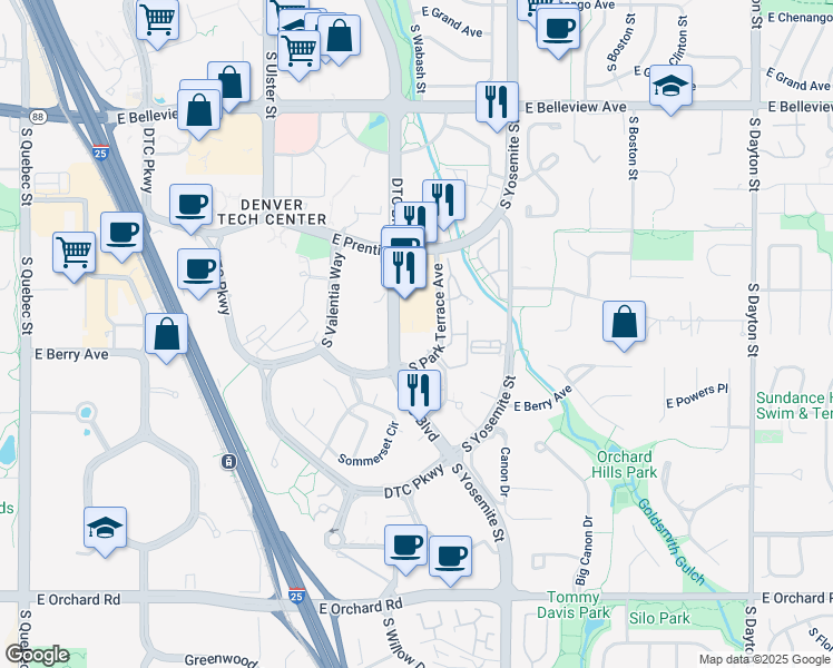 map of restaurants, bars, coffee shops, grocery stores, and more near 5401 South Park Terrace Avenue in Greenwood Village