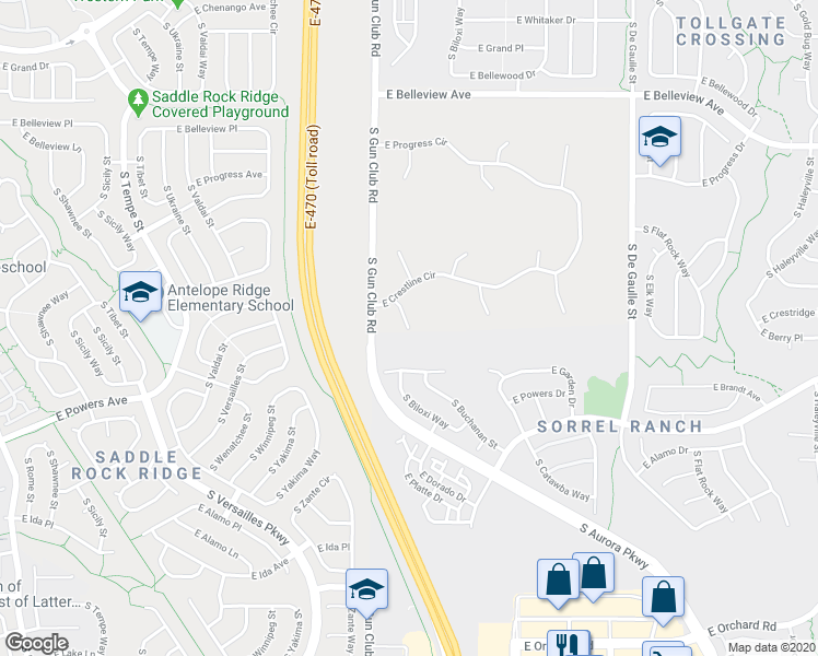 map of restaurants, bars, coffee shops, grocery stores, and more near 7999 South Algonquian Court in Aurora