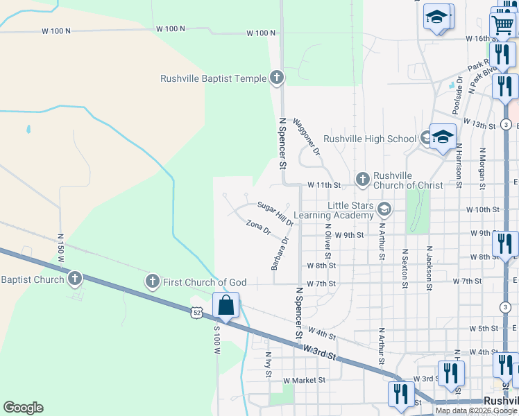 map of restaurants, bars, coffee shops, grocery stores, and more near 1124 Sugar Hill Drive in Rushville