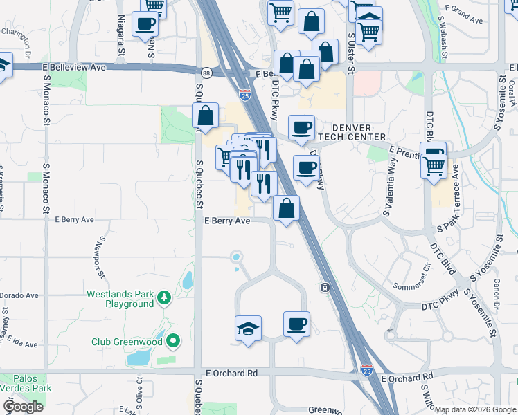 map of restaurants, bars, coffee shops, grocery stores, and more near 5425 Land Mark Place in Greenwood Village