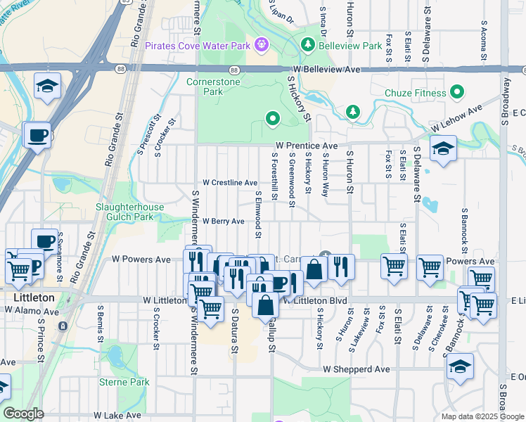 map of restaurants, bars, coffee shops, grocery stores, and more near 5425 South Elmwood Street in Littleton