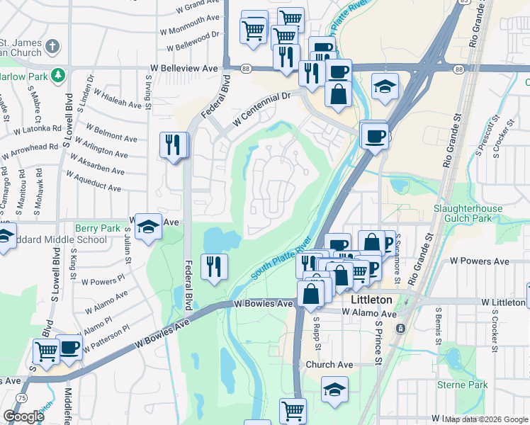 map of restaurants, bars, coffee shops, grocery stores, and more near 2769 West Riverwalk Circle in Littleton