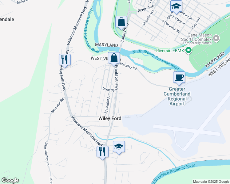 map of restaurants, bars, coffee shops, grocery stores, and more near 197 Stately Street in Wiley Ford