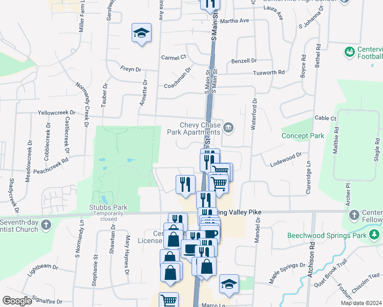 map of restaurants, bars, coffee shops, grocery stores, and more near 36 Mallard Glen Drive in Dayton