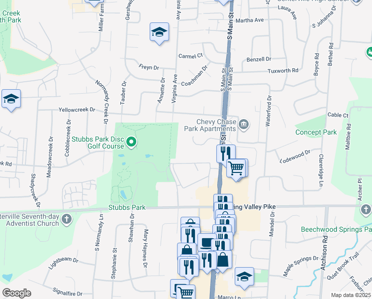 map of restaurants, bars, coffee shops, grocery stores, and more near 156 Mallard Glen Drive in Centerville
