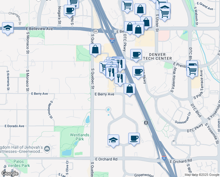 map of restaurants, bars, coffee shops, grocery stores, and more near 5425 Land Mark Place in Greenwood Village
