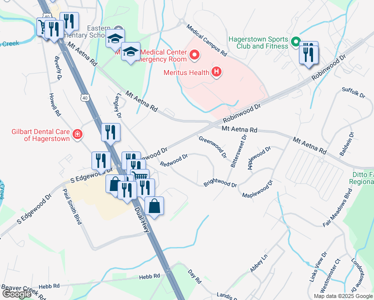 map of restaurants, bars, coffee shops, grocery stores, and more near 29 Redwood Drive in Hagerstown