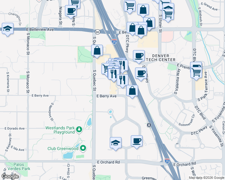 map of restaurants, bars, coffee shops, grocery stores, and more near 5425 Land Mark Place in Greenwood Village
