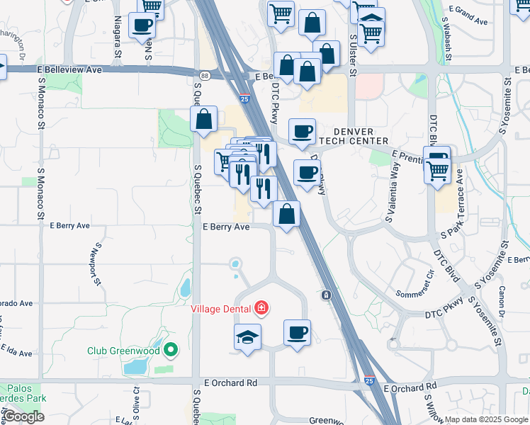 map of restaurants, bars, coffee shops, grocery stores, and more near 7600 Landmark Way in Greenwood Village