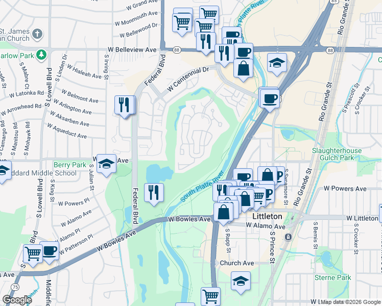 map of restaurants, bars, coffee shops, grocery stores, and more near 2769 West Riverwalk Circle in Littleton