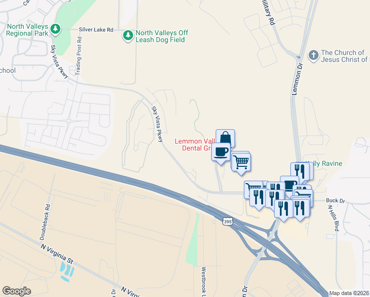 map of restaurants, bars, coffee shops, grocery stores, and more near Sky Vista Parkway in Reno