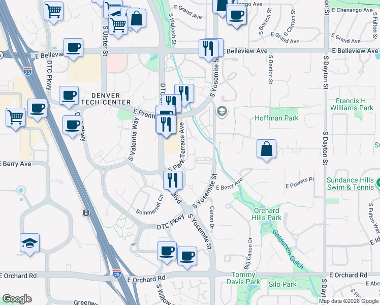 map of restaurants, bars, coffee shops, grocery stores, and more near 5400 South Park Terrace Avenue in Greenwood Village