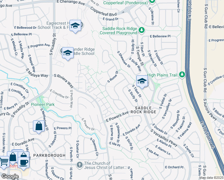 map of restaurants, bars, coffee shops, grocery stores, and more near 5455 South Shawnee Way in Aurora