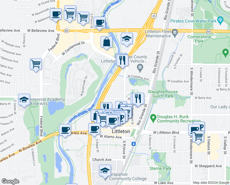 map of restaurants, bars, coffee shops, grocery stores, and more near 5430 South Curtice Street in Littleton