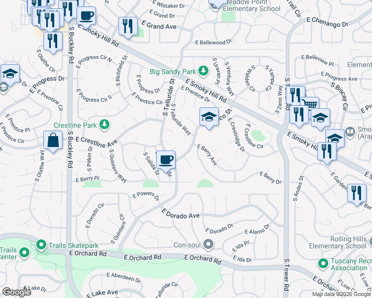 map of restaurants, bars, coffee shops, grocery stores, and more near 5419 South Waco Street in Centennial