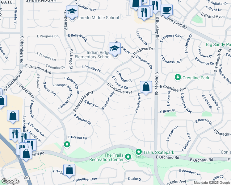 map of restaurants, bars, coffee shops, grocery stores, and more near 16395 East Crestline Place in Centennial