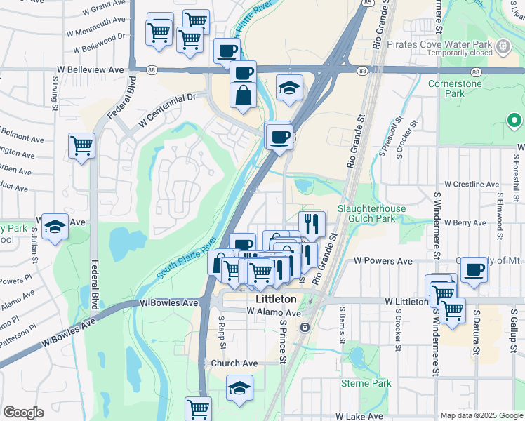 map of restaurants, bars, coffee shops, grocery stores, and more near 2594 West Crestline Avenue in Littleton