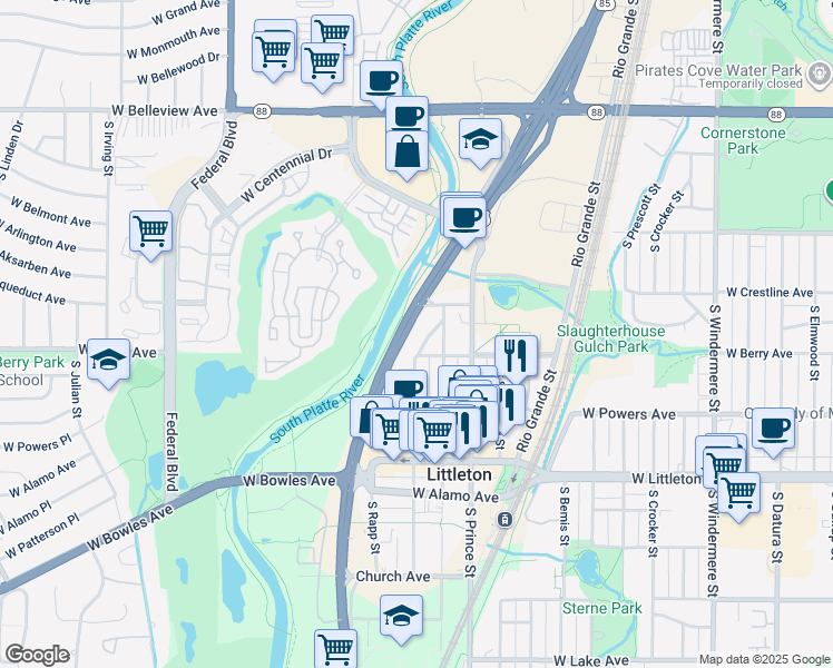map of restaurants, bars, coffee shops, grocery stores, and more near 2594 West Crestline Avenue in Littleton