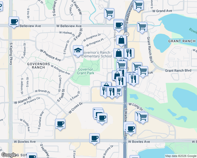 map of restaurants, bars, coffee shops, grocery stores, and more near 8755 West Berry Avenue in Denver