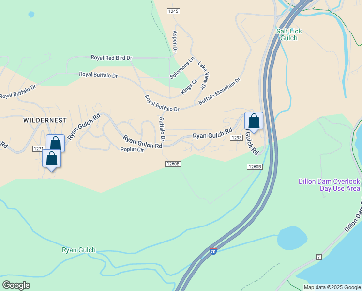 map of restaurants, bars, coffee shops, grocery stores, and more near 44 Running Bear Trail in Silverthorne