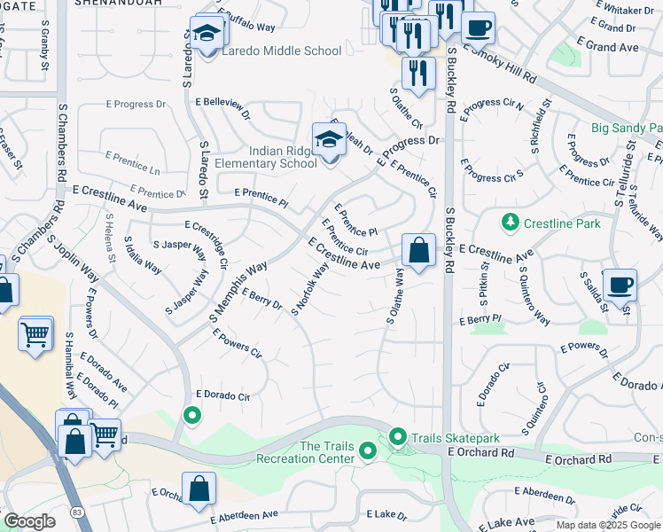 map of restaurants, bars, coffee shops, grocery stores, and more near 16395 East Crestline Place in Centennial