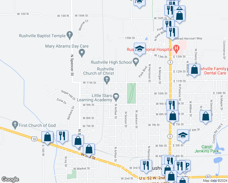 map of restaurants, bars, coffee shops, grocery stores, and more near 602 West 10th Street in Rushville