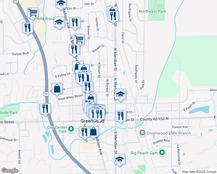 map of restaurants, bars, coffee shops, grocery stores, and more near 131 North Brewer Street in Greenwood