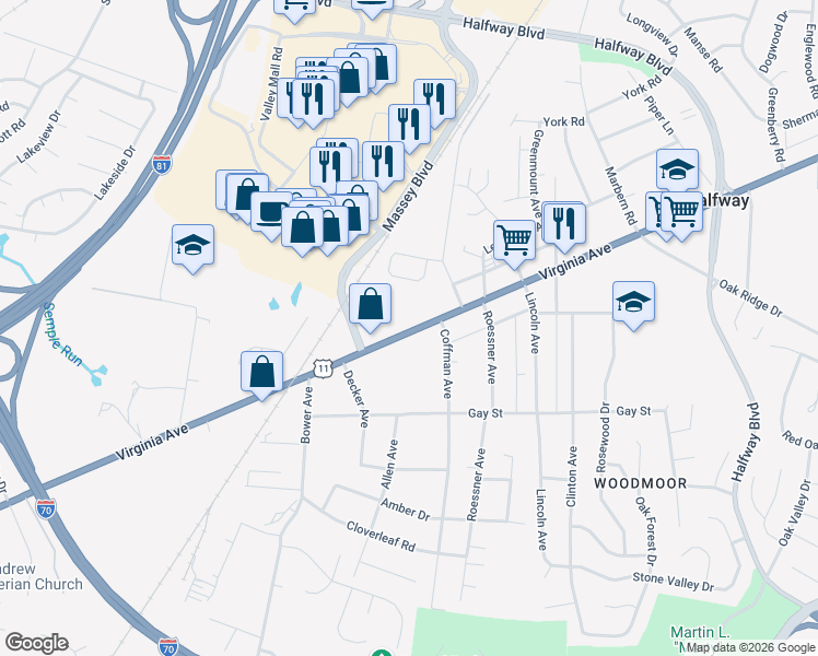 map of restaurants, bars, coffee shops, grocery stores, and more near 17334 Virginia Avenue in Hagerstown
