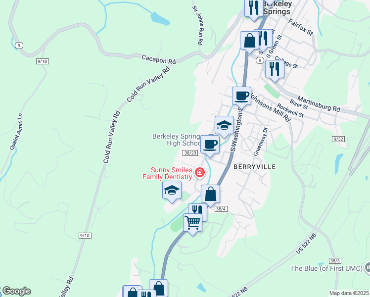 map of restaurants, bars, coffee shops, grocery stores, and more near 8 John Street in Berkeley Springs