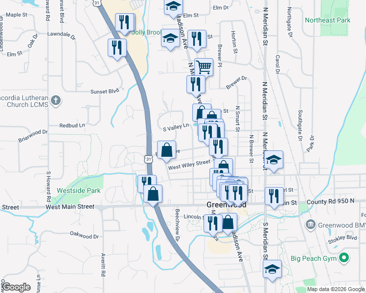 map of restaurants, bars, coffee shops, grocery stores, and more near 430 Euclid Avenue in Greenwood