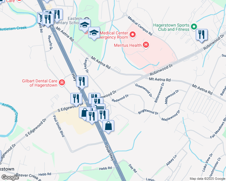 map of restaurants, bars, coffee shops, grocery stores, and more near 101 North Edgewood Drive in Hagerstown