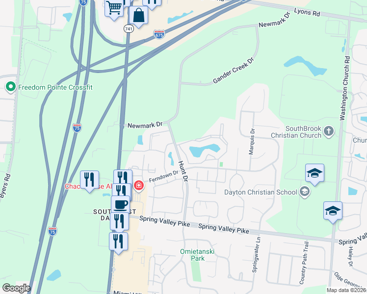 map of restaurants, bars, coffee shops, grocery stores, and more near 2480 Foxhill Drive in Miamisburg
