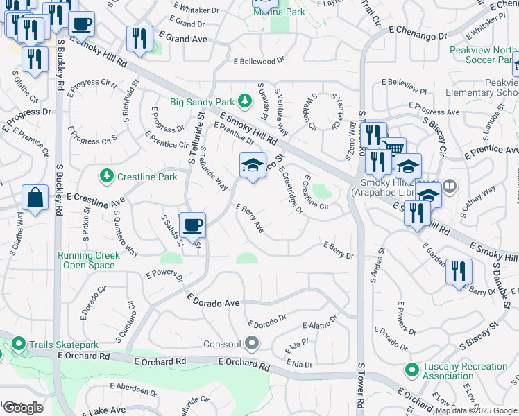 map of restaurants, bars, coffee shops, grocery stores, and more near 17873 East Berry Avenue in Centennial