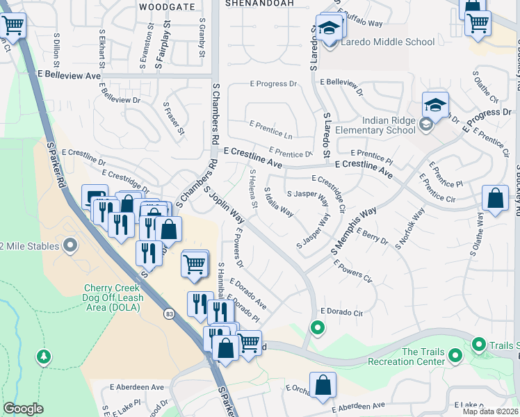 map of restaurants, bars, coffee shops, grocery stores, and more near 5467 South Helena Street in Centennial