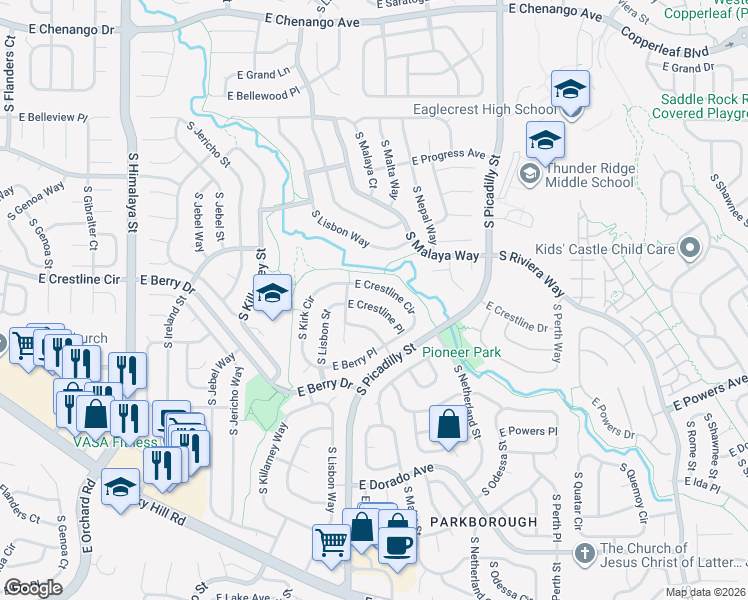 map of restaurants, bars, coffee shops, grocery stores, and more near 20962 East Crestline Circle in Centennial